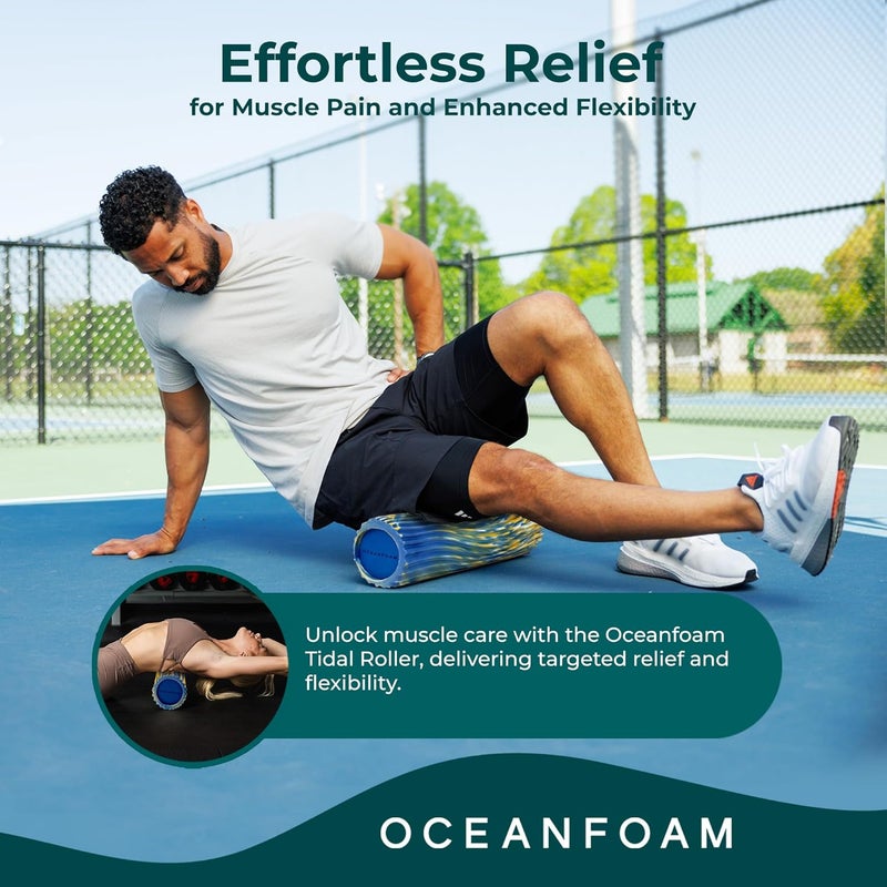Oceanfoam Tidal Roller - Royal, Gold & Natural Marbled - Muscle Massage Foam Roller for Back Pain & Stretching - Firm & Ergonomic Wide Wave Textured - Yoga, Athletics, & Wellness - Full Size, 20" x 5" - Image 4